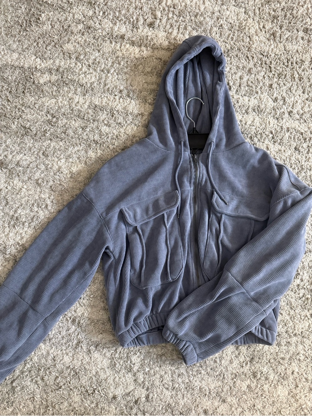 Soft Ribbed Hooded Zip Jacket in Dusty Blue